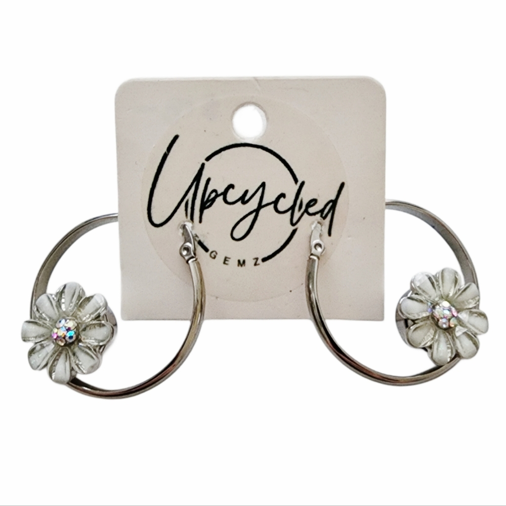 White Flower & Crystal Interchangeable Charm Silver Hoop Earringd